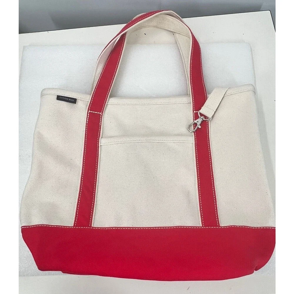Lands End Open Top Med Natural Canvas Tote Red Trim EUC